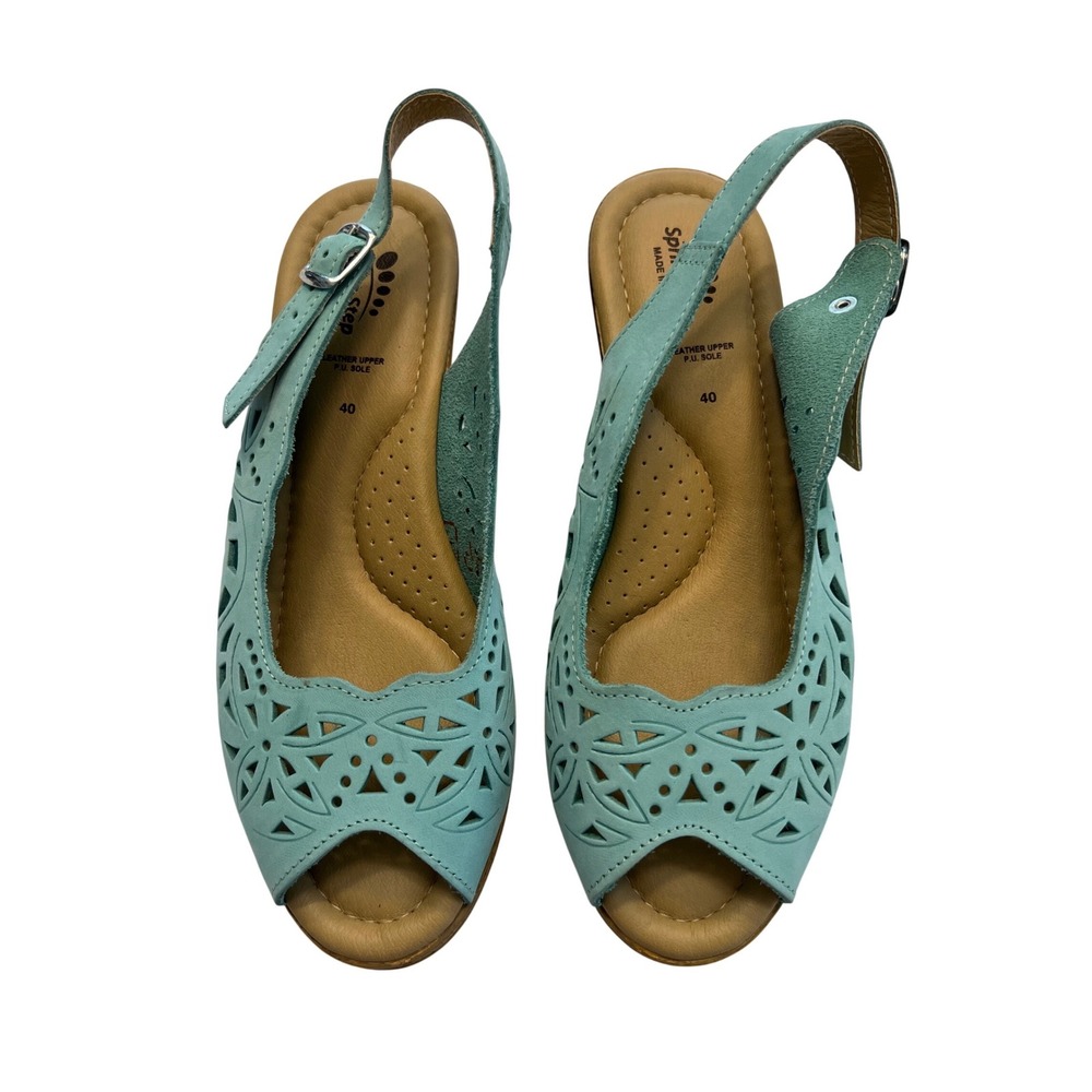 Spring Step Aqua Leather Laser Cut Wedge Sandals Made in Italy US Size 9 (40EU)